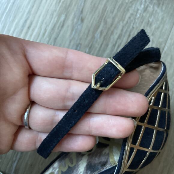 Sam Edelman Stiletto Heel Sz 7 Black Suede Gold Peep Toe Ankle Strap - Picture 9 of 14